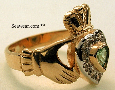 diamond Claddagh ring with emerald heart